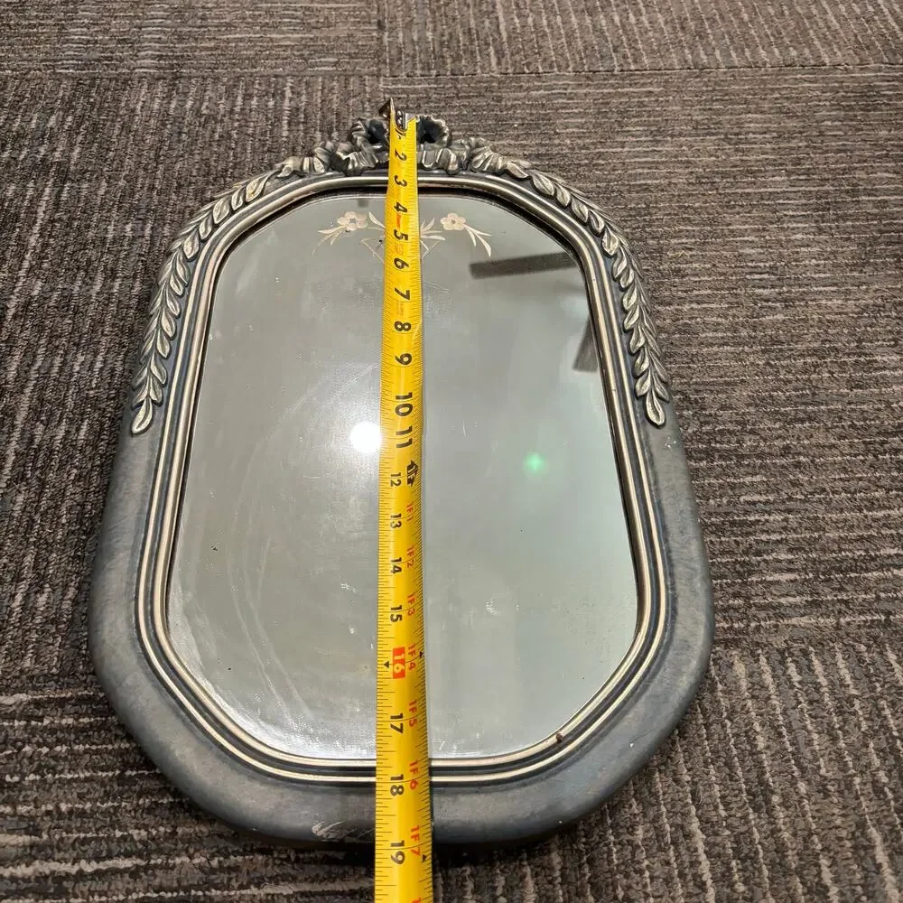 Vintage Arched Blue and Silver Gesso Frame Art Deco Floral Etched Mirror 12”x19”